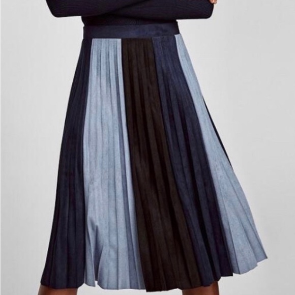 Zara Faux Suede Long Pleated Skirt Tri Color - Picture 1 of 5